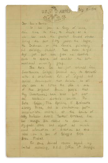 LETTERS TO HIS FAMILY WHILE SERVING IN THE U.S. ARMY KURT VONNEGUT. Archive of 12 letters Signed, Kay or K...